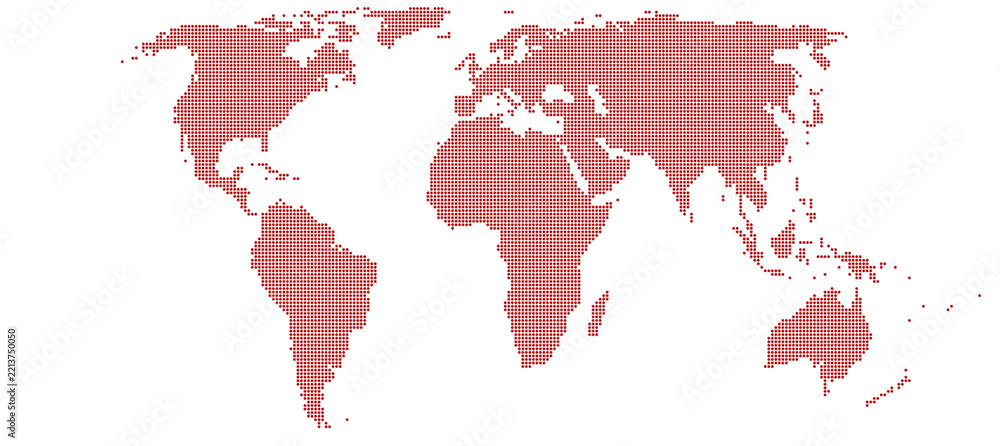 Obraz premium Dotted World Map Crimson Red Equal Earth Projection