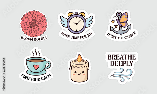Floral ornament, winged clock, butterfly, teacup, candle, and wave pattern collection in vector style.