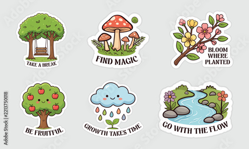 Floral branch, mushroom, tree and cloud illustrations with text, colorful vector stickers