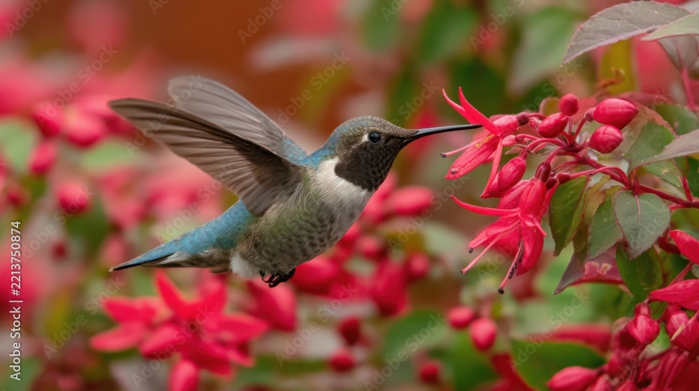Fototapeta premium A vibrant hummingbird with iridescent throat hovering near bright red flowers, capturing delicate motion and nature's beauty.