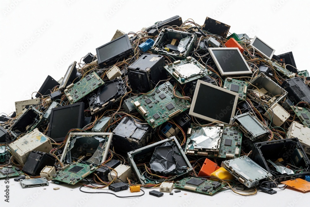 Naklejka premium Large pile of discarded electronic waste on white background. Old computer parts, broken circuit boards, broken screens, cables form messy heap of e-waste. Junk hardware components need recycling to