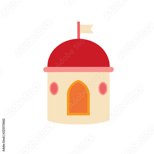 Stylized building with dome and flag