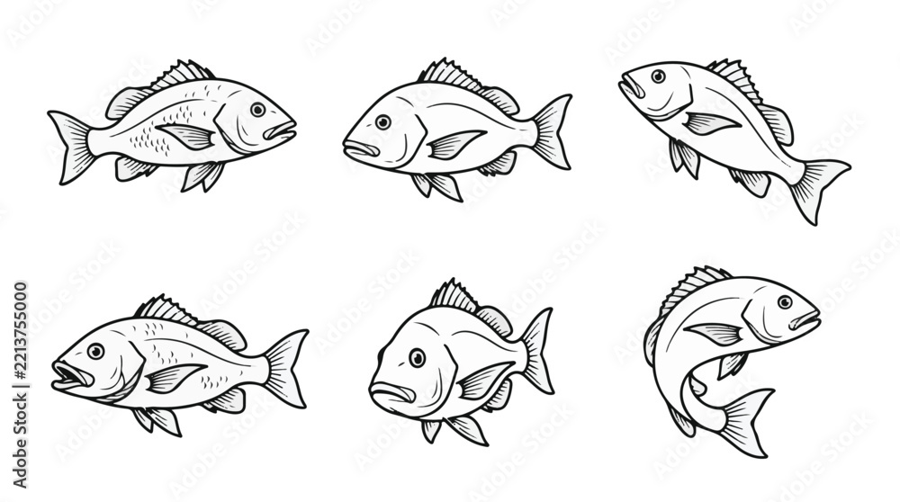 Obraz premium Red Snapper Line Art Vector Icon Set for Saltwater Sport Fishing and Commercial Seafood Design 