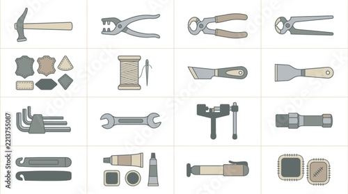 Tools for leatherworking are showcased in a technical grid illustrating essential equipment for manual craft projects.