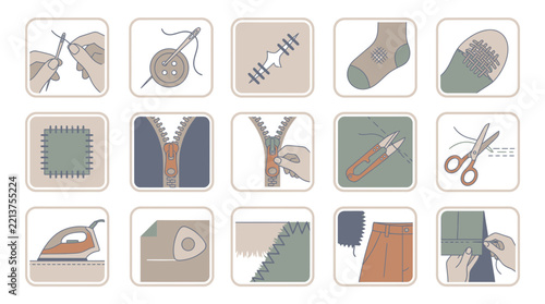Sewing and mending icons illustrate needlework techniques like patching, zipping, and ironing for textile care projects.