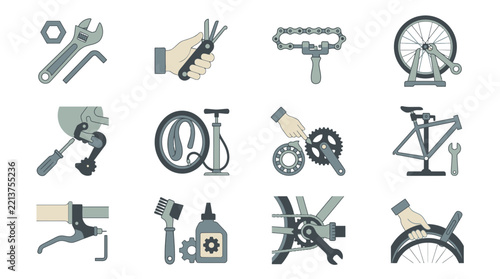 Bicycle maintenance icons display various tools for repairing chains, tires, and frames in a clean graphic design style.