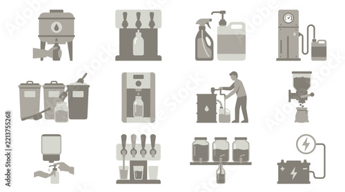Icons depicting industrial liquid management and resource extraction systems are arranged in a monochrome grid layout.