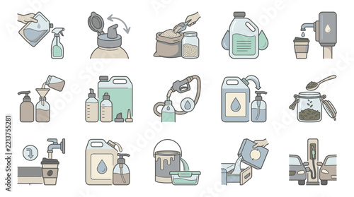 Icons representing chemical dispensing and liquid handling processes are displayed in a clean grid for industrial use.