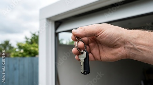 Hand holding metal keys on key ring in garage doorway representing home ownership and real estate