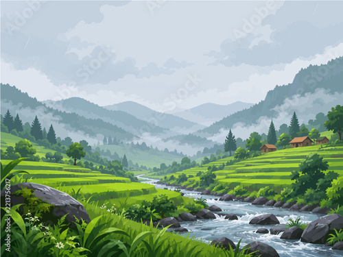 Lush green terraced valley with a rocky stream winding between tropical plants and distant huts beneath misty mountains and gray monsoon clouds in a colorful landscape illustration with open sky above