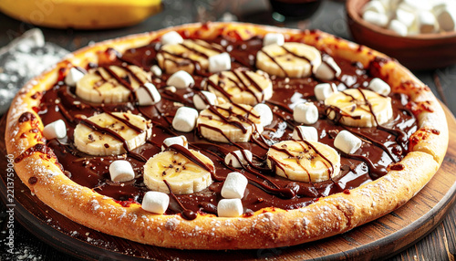 Dessert pizza with chocolate sauce, mini marshmallows and banana with a chocolate drizzle. AI