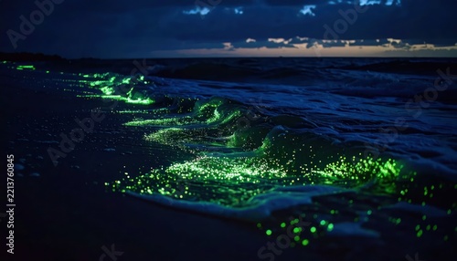 Glowing green bioluminescent waves crashing on a dark shore.