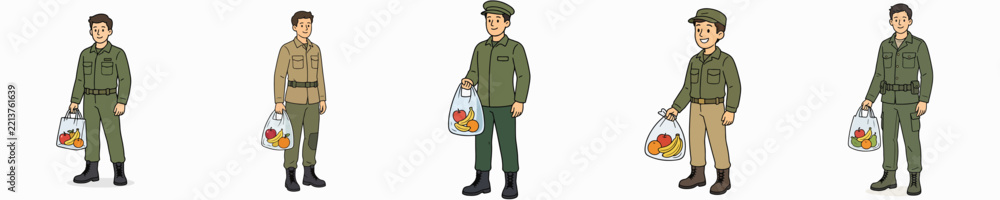 Fototapeta premium A set of vector illustrations of a male soldier carrying a transparent plastic bag filled with fruit.