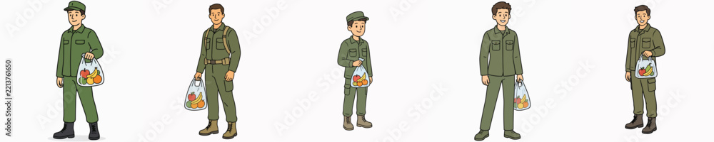 Fototapeta premium A set of vector illustrations of a male soldier carrying a transparent plastic bag filled with fruit.