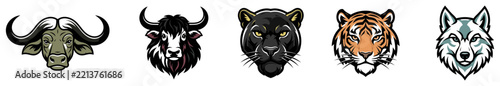 Set of stylized animal head illustrations including a buffalo yak bear tiger and wolf on white background