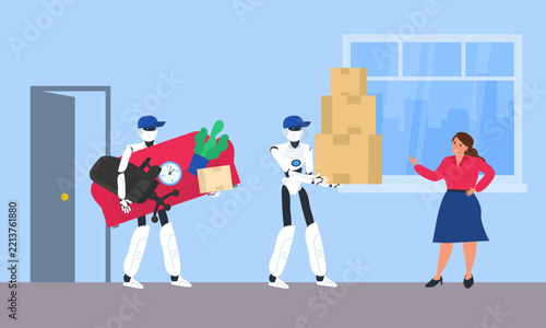 robots movers workers carrying  boxes and furniture woman at new home vector illustration 