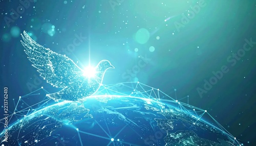 Glowing network bird silhouette flying over digital earth sphere.