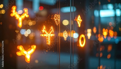 Glowing orange digital icons on glass surface at night.