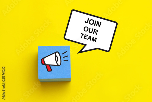 Megaphone with Join our team in bubble speech; Hiring and employment concept
