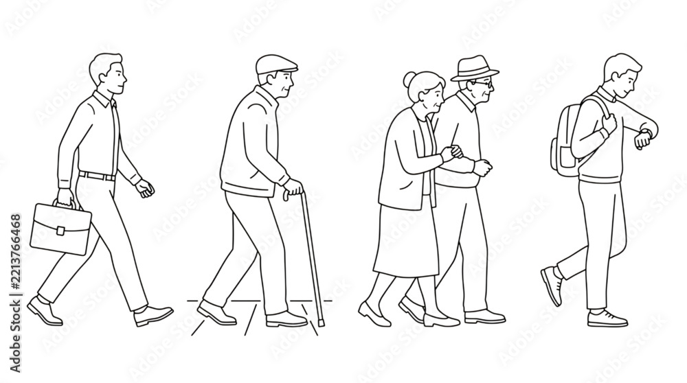 Fototapeta premium Walking people CAD blocks architectural vector outline set for elevation drawing