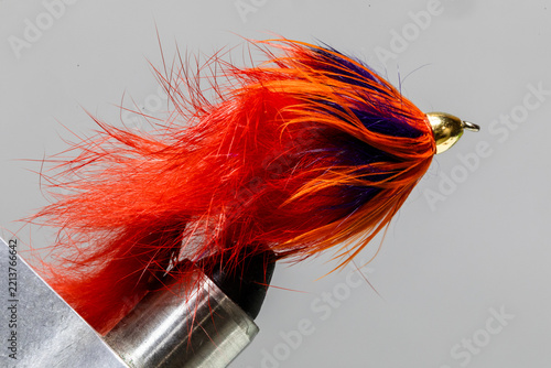 Flashabou swing fly on a tying vice ready to take fishing for steelhead