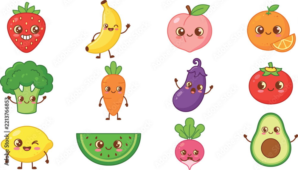 Obraz premium Cute Kawaii Fruit and Vegetable Characters Collection with Smiling Faces Big Anime Eyes Arms and Legs for Kids Nutrition and Healthy Diet Designs