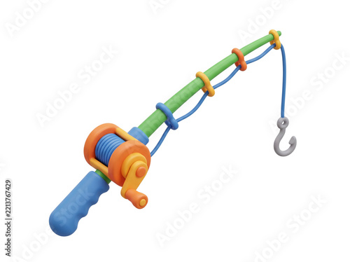 Colorful 3D Toy Fishing Pole with Reel and Hook on Black