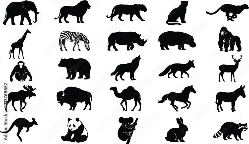Fototapeta premium Animal-Silhouette Collection, Diverse Wildlife Vector Illustration Set