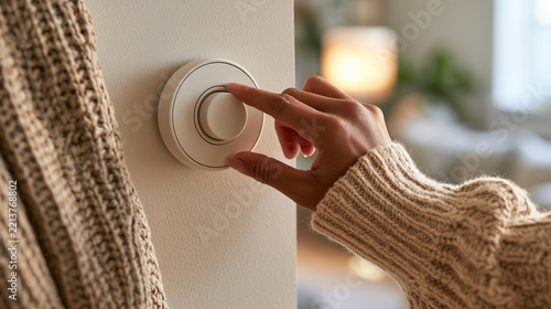 Close-up of hand turning round wall dial with ribbed beige sweater beside glowing lamp in warm interior