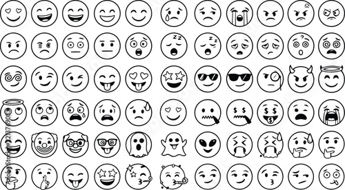 Comprehensive set of hand drawn emoji representing various facial expressions and emotions in black lines on a white background