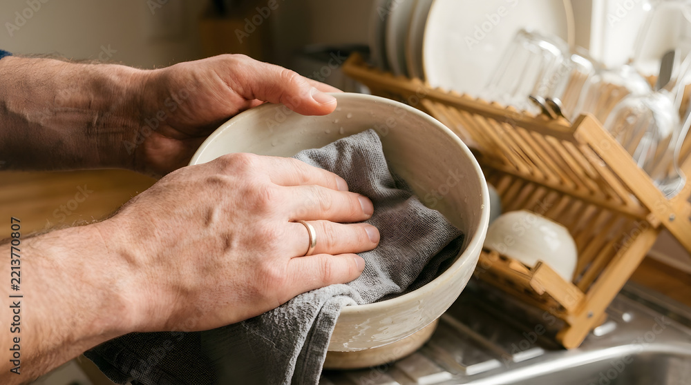 Fototapeta premium Hands drying a beige ceramic bowl with a grey textured cloth in a bright kitchen with wooden dish racks.