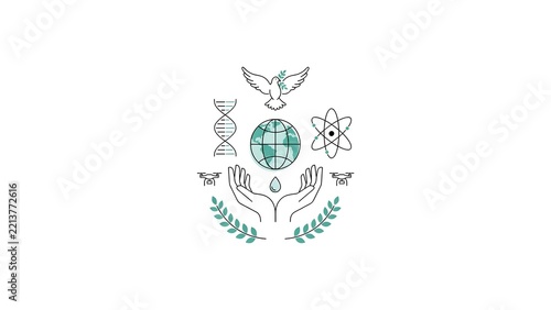 Environmental protection concept with globe, hands, dove, dna and science symbols