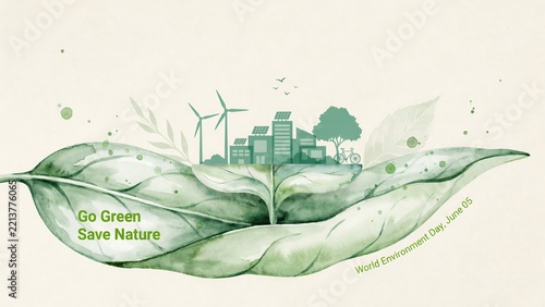 World environment day concept with green city skyline on a leaf, sustainable living and ecofriendly message