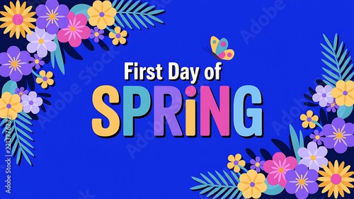 First day of spring greeting card with colorful flowers and butterfly on blue background