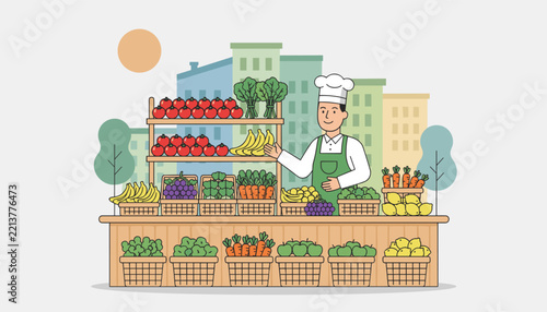 Friendly chef standing behind a bustling street market vegetable and fruit stall filled with fresh organic produce.