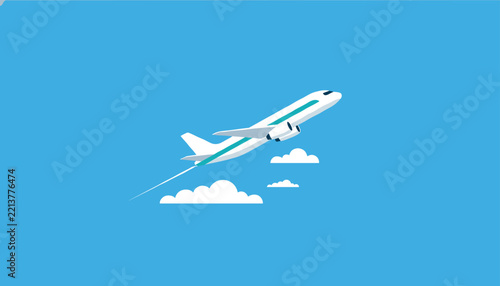 A commercial airliner taking off into a bright blue sky filled with fluffy white clouds, representing travel, tourism, and flight.