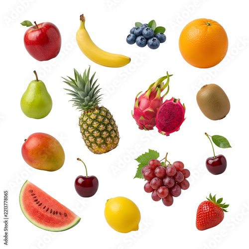 Diverse collection of assorted fresh fruits including apple, banana, orange, pineapple, and dragon fruit, isolated on a transparent background for graphic design