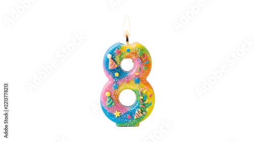 Colorful Number 8 Lit Birthday Candle for 8th Anniversary or Eighth Birthday Celebration