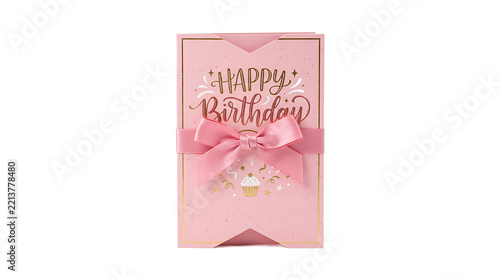 Elegant Pink Happy Birthday Greeting Card with Pink Ribbon Bow and Gold Lettering Isolated on Transparent Background