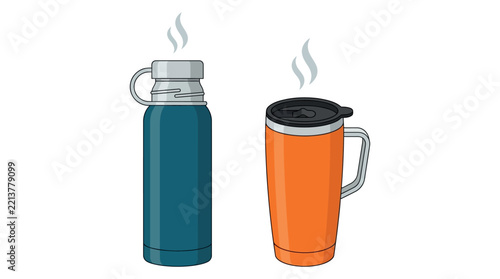 Vector illustration of a teal water bottle and orange travel mug with steam