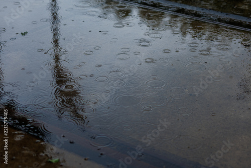 Rain creates ripples across a shallow urban puddle