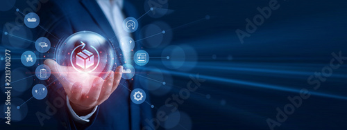 Supply chain manager holding the hand glowing transport icon. Professional analyzing global distribution sales data and economic growth graph chart on hologram screen. Freight network.