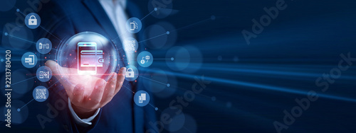 Fintech specialist holding the hand glowing digital wallet icon. Professional analyzing transaction sales data and economic growth graph chart on hologram screen. Cashless payment system.