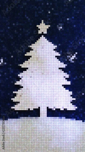 Festive pixel art white Christmas tree with star and falling snow on dark blue background for holiday design.