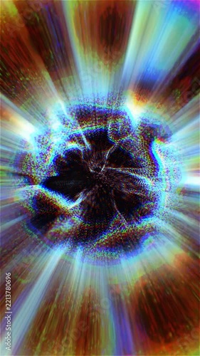 Vibrant holographic particle blast sphere with chromatic aberration and radiant light beams. High energy futuristic motion.