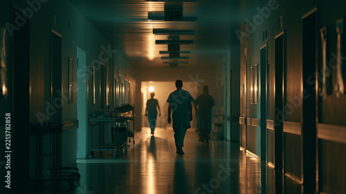 Silhouetted medical staff walking down dim hospital corridor toward warm light in cinematic night shift