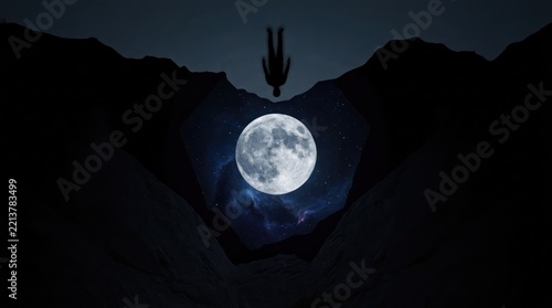 Surreal digital art illustration of a man silhouette falling headfirst into a heart shaped canyon opening revealing a bright full moon and starry night sky representing falling in love or dreams