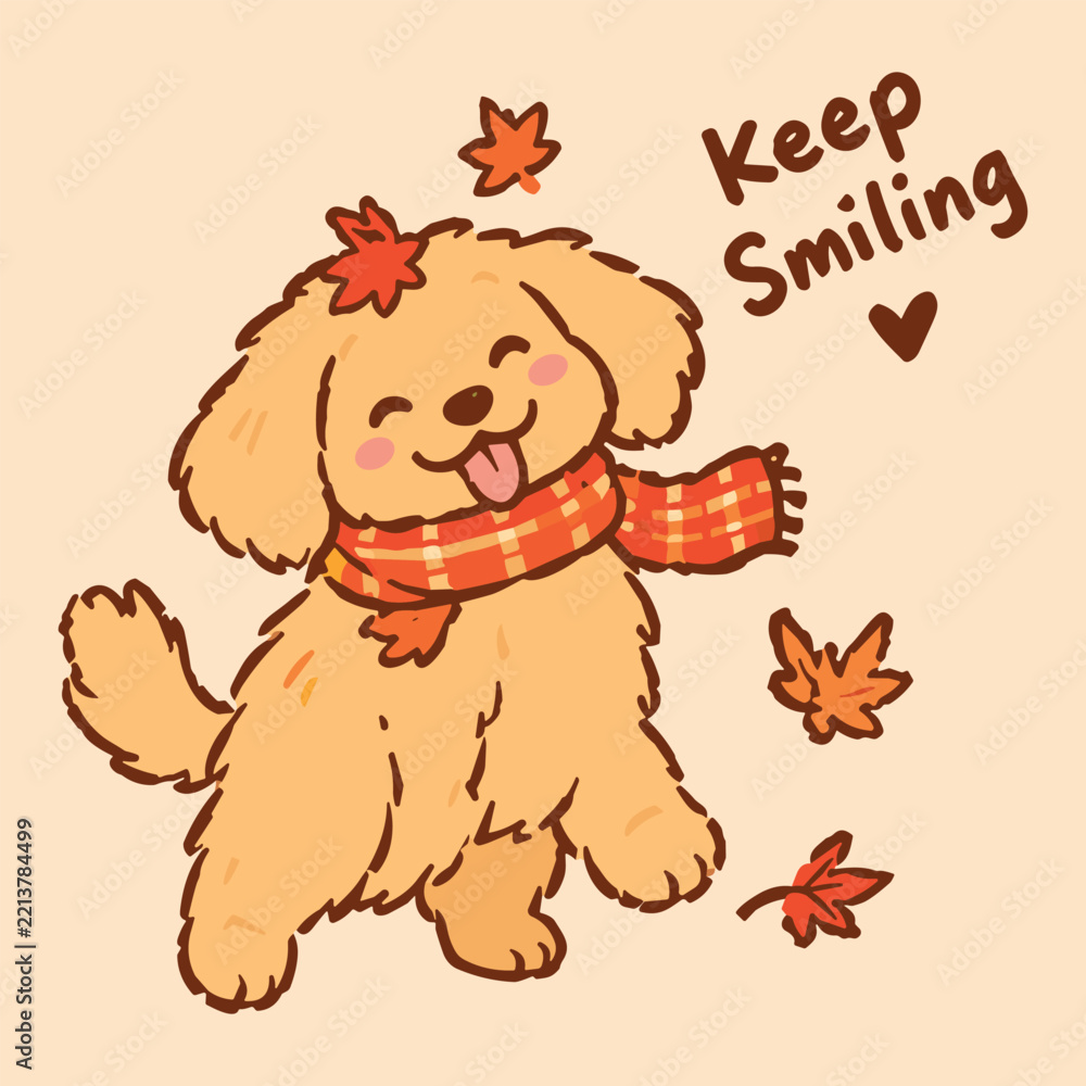 Fototapeta premium Cute Autumn Puppy Wearing Plaid Scarf with Keep Smiling Quote