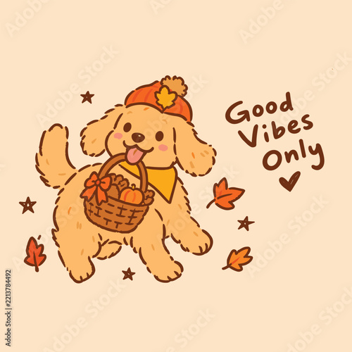 Cute autumn dog with pumpkin basket doodle illustration