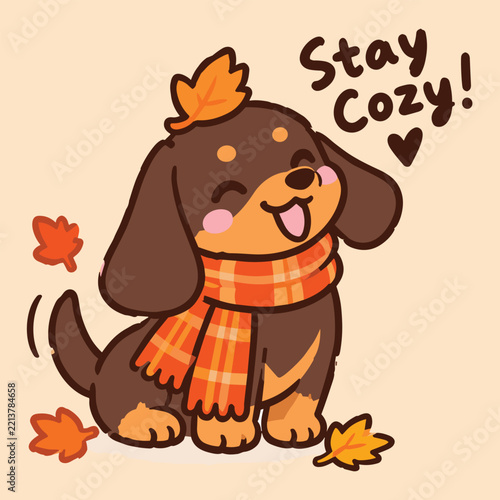 Cute cartoon dachshund dog with scarf and autumn leaves, stay cozy lettering